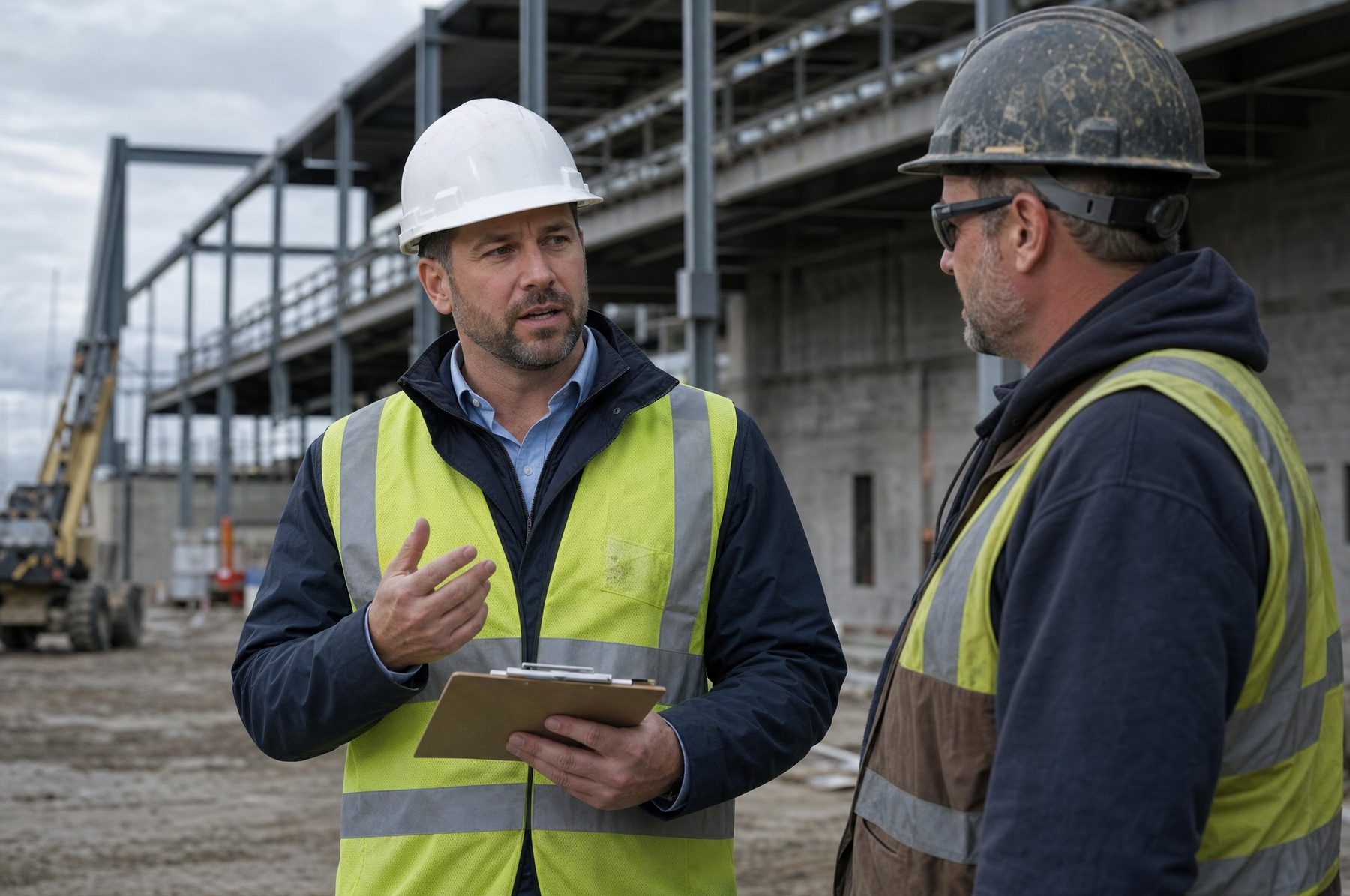 Two professionals reviewing operations at a construction site